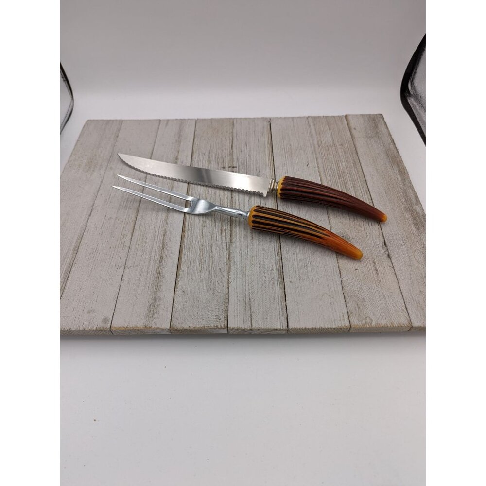 Vintage Forgecraft Set of 2 Carving Knife Meat Fork Stainless Steel Faux Antlers